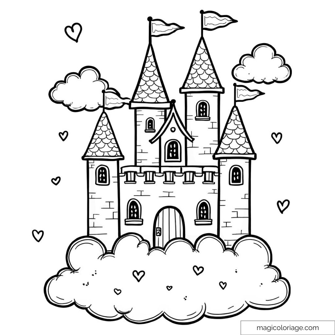Coloriage de château féerique entouré de nuages et cœurs.
