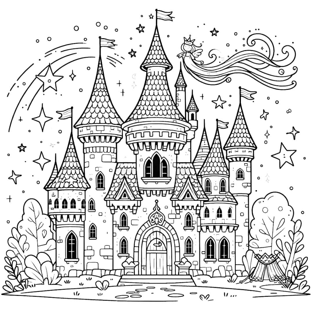 Coloriage château de conte de fées avec tour magique