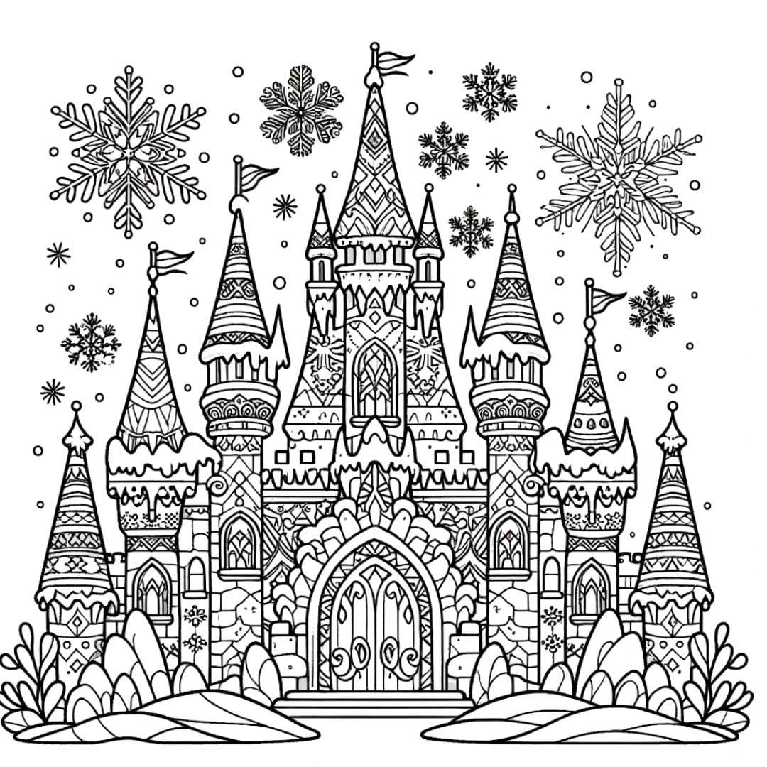 Coloriage château de glace avec flocons de neige