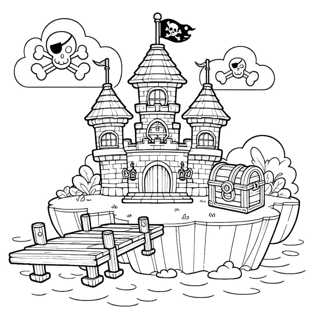 Coloriage château de pirate sur île flottante