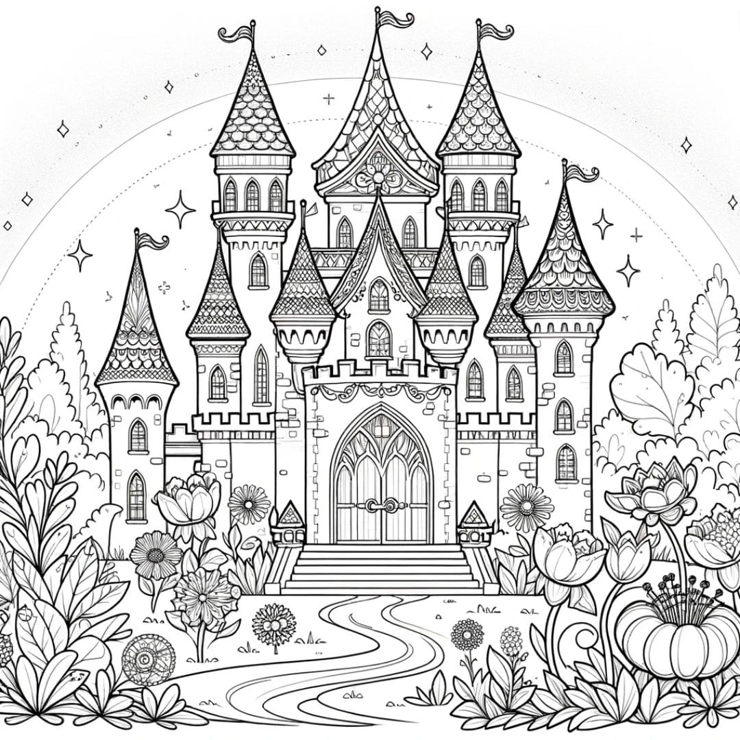 Coloriage château de princesse et jardin magique pour enfants