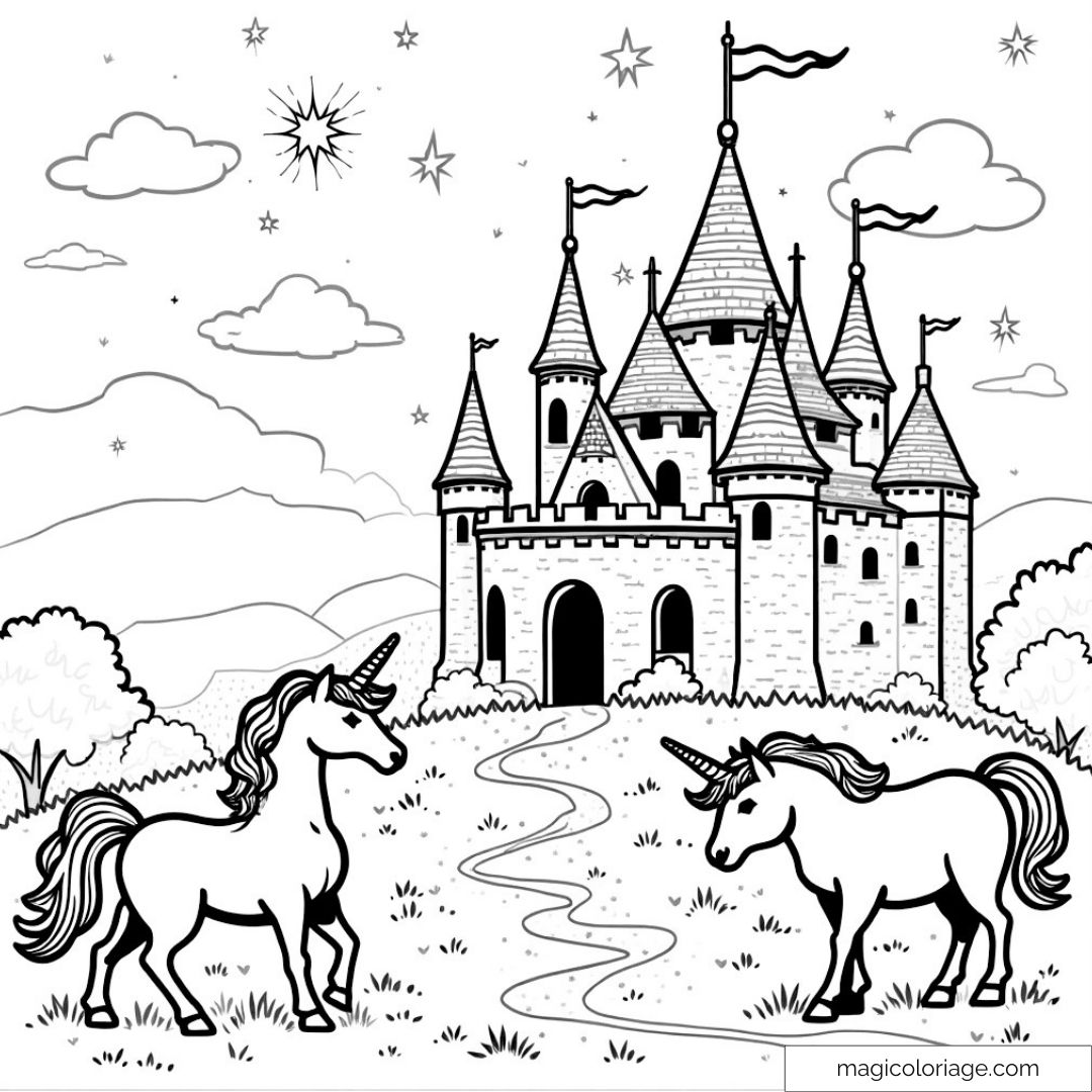 Château enchanté avec licornes