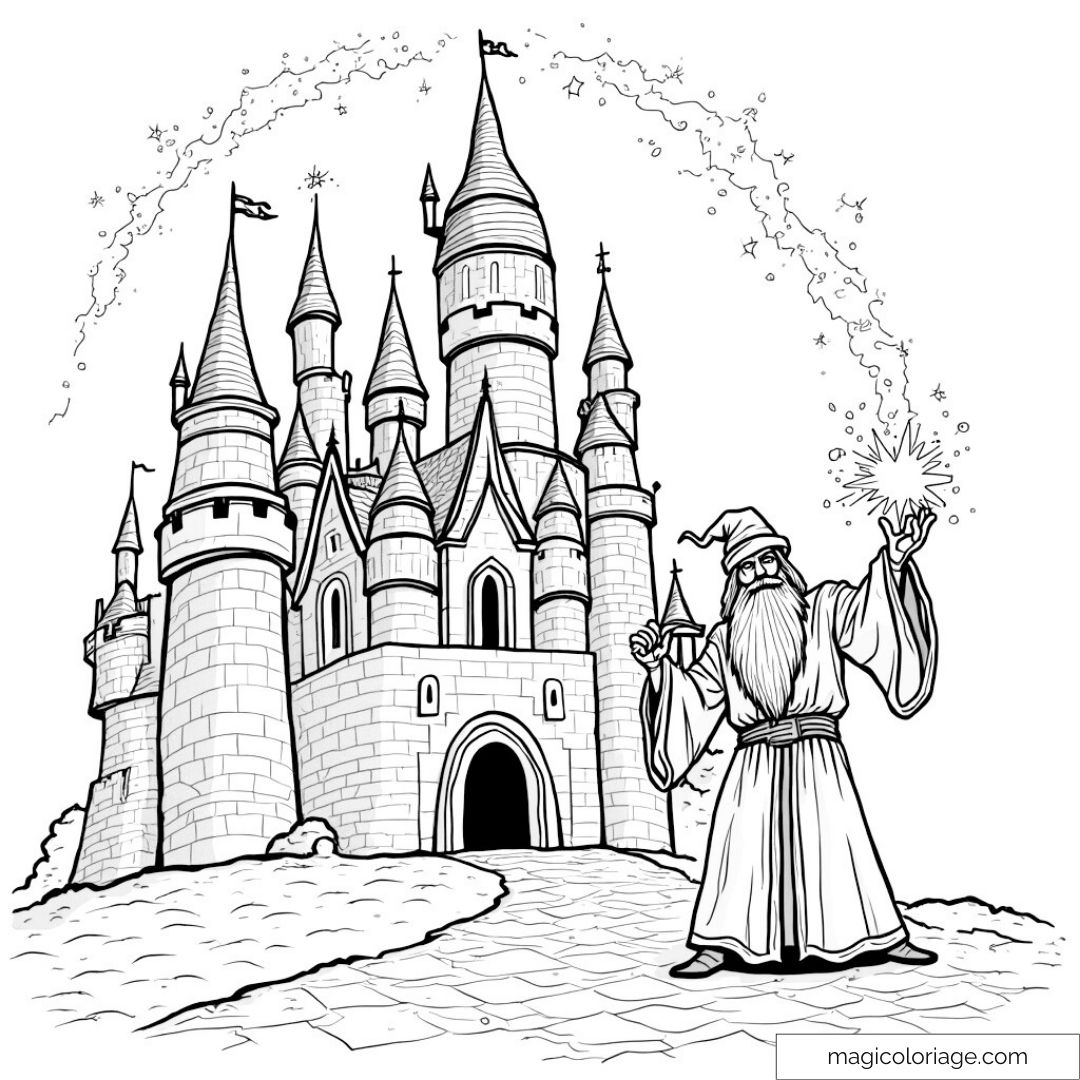 Dessin d'un château médiéval avec un magicien lançant des sorts.