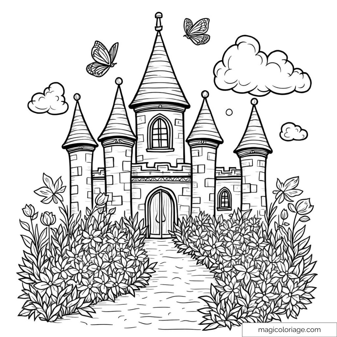 Château de conte de fées entouré de fleurs