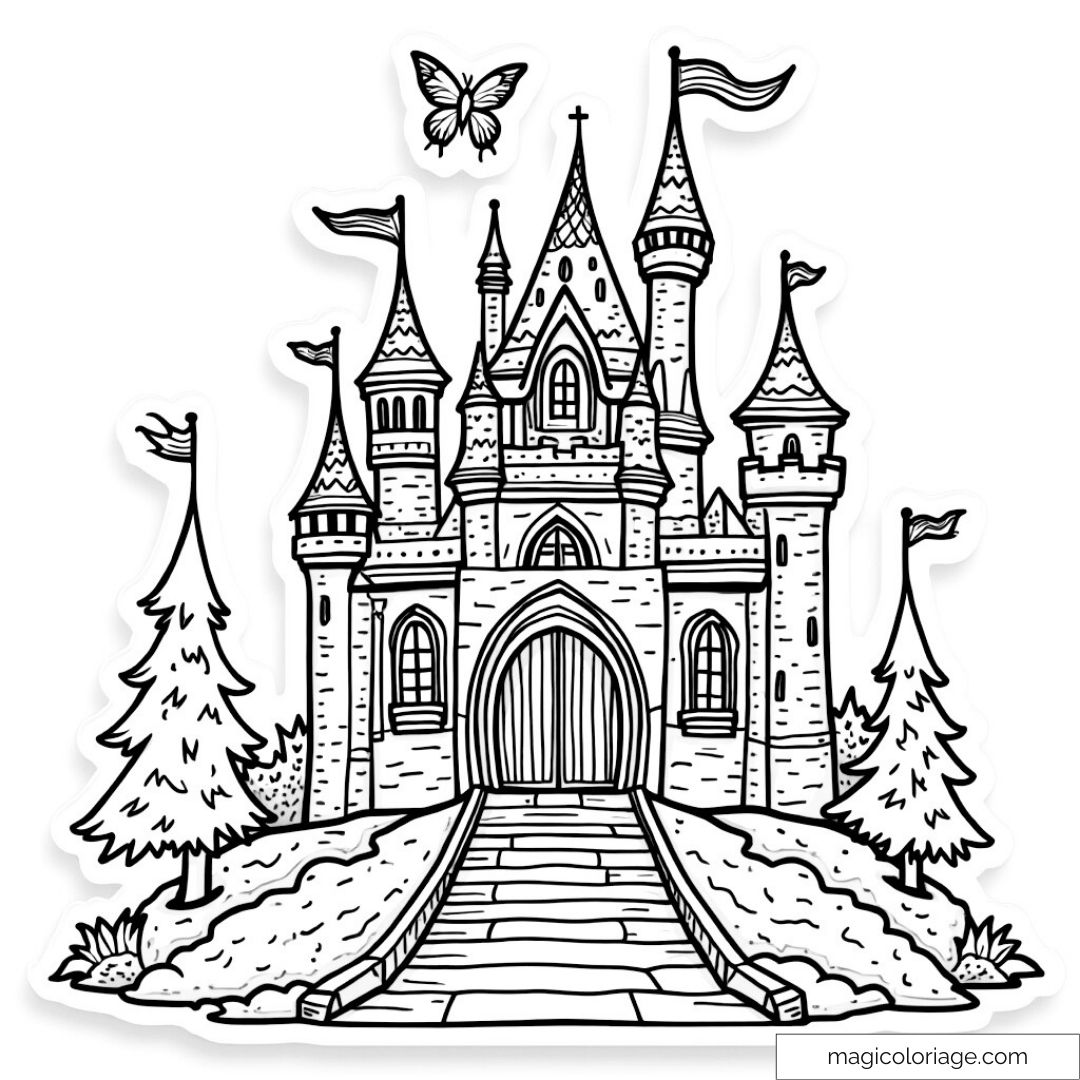 Château de conte de fées avec papillon volant à colorier.