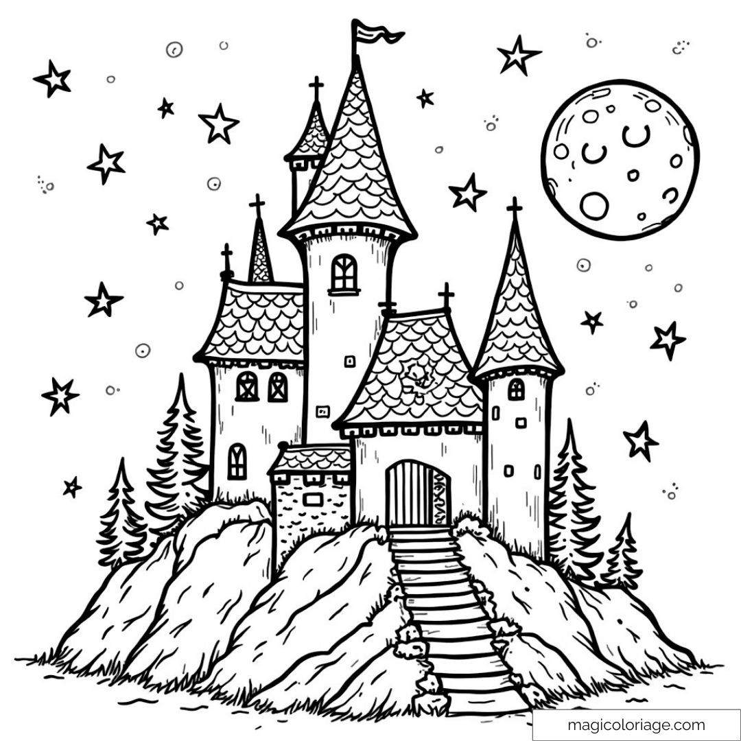 Coloriage château magique avec lune et étoiles