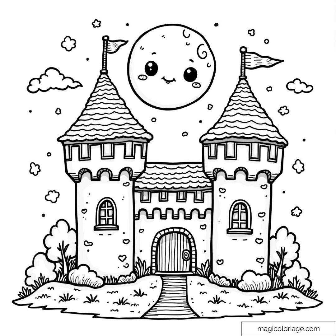 Dessin de château avec lune heureuse