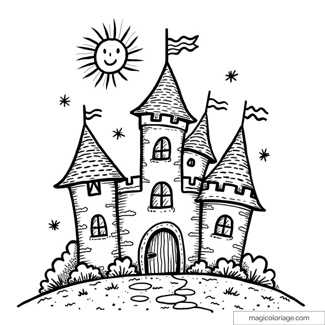 Château avec tours et soleil souriant