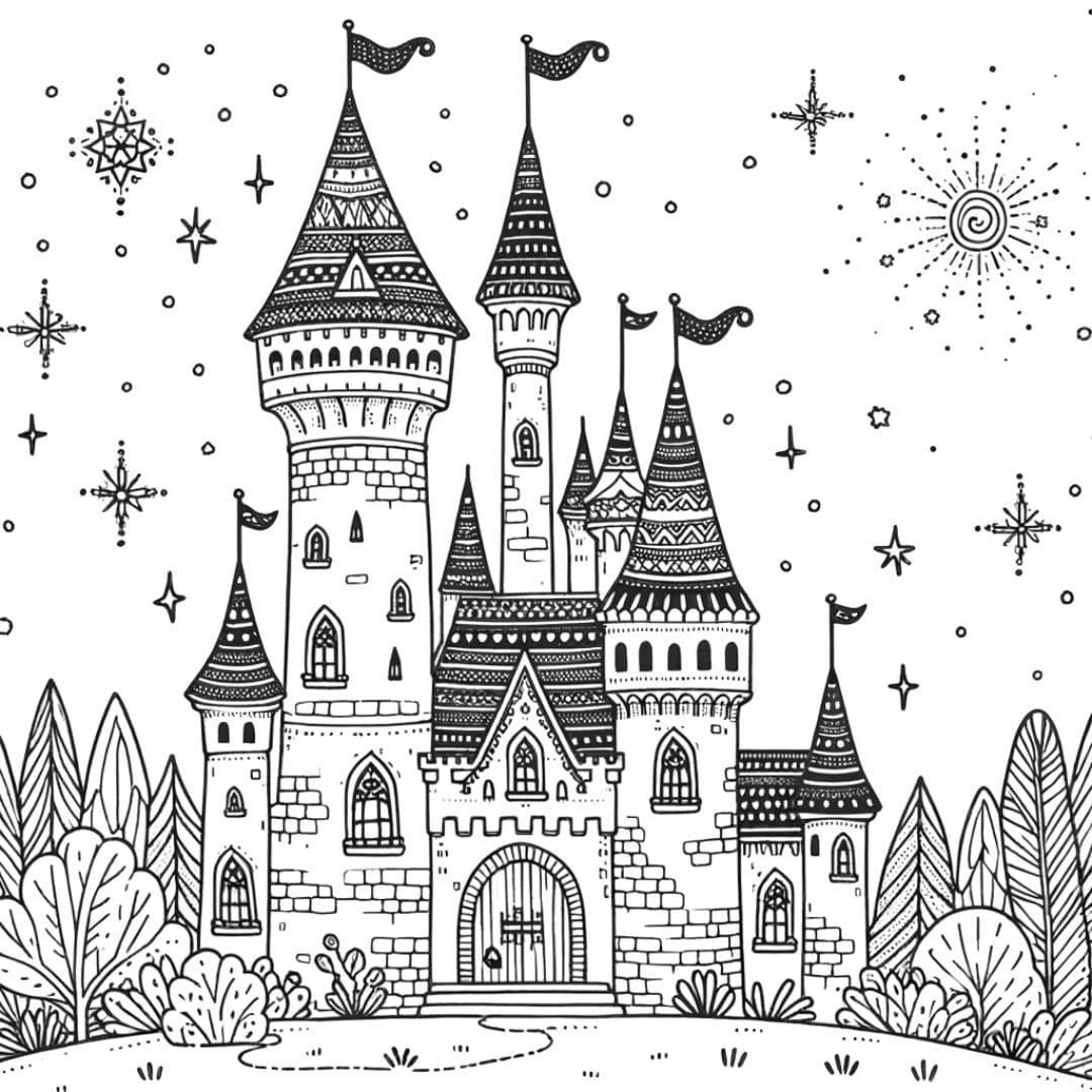 Coloriage château enchanté avec tour magique et étoiles