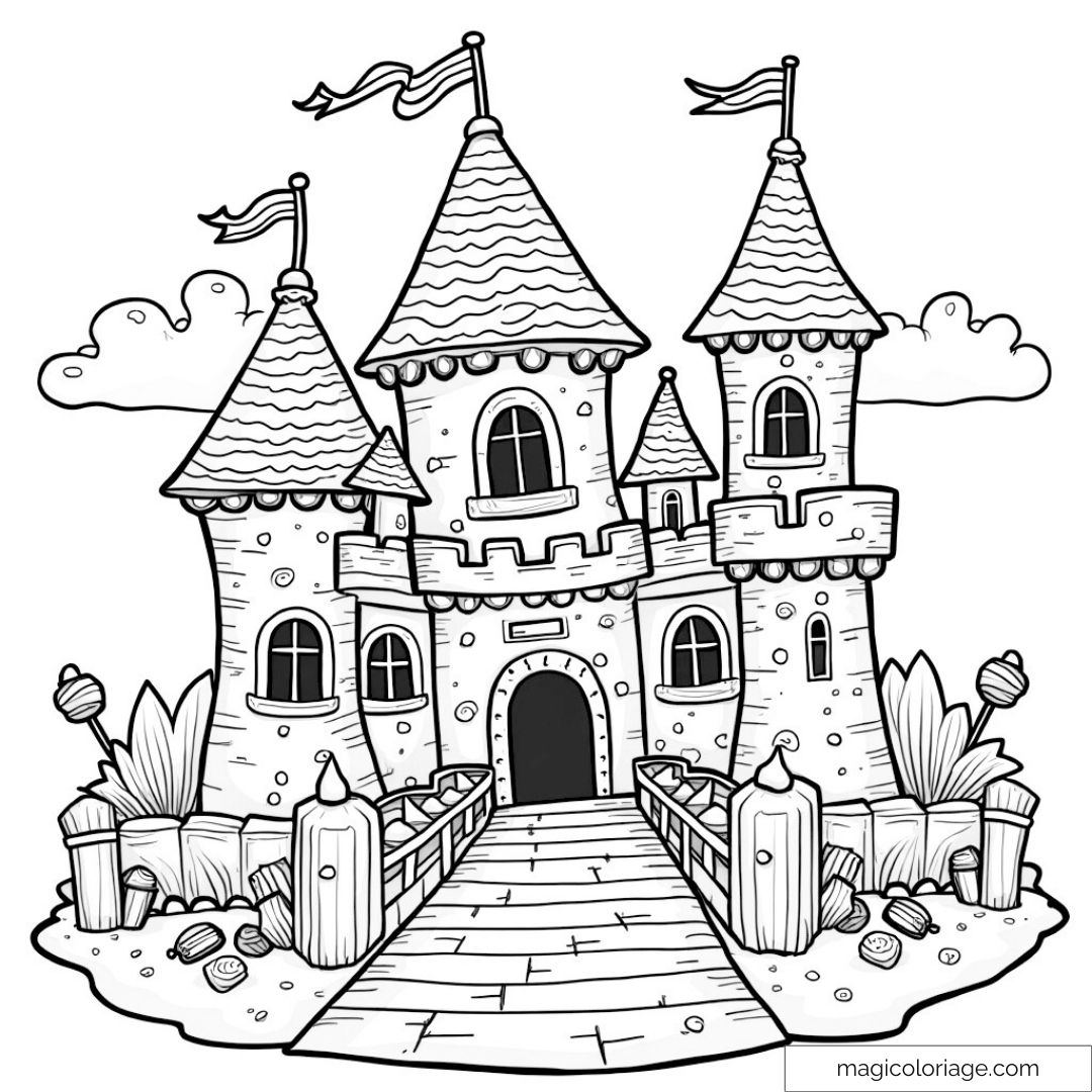 Château médiéval avec pont et tours majestueuses à colorier.