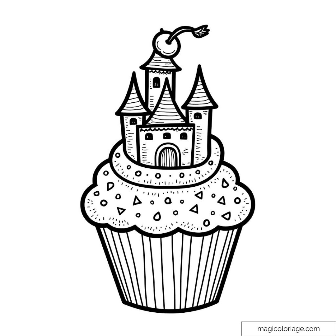 Illustration de château sur cupcake à colorier