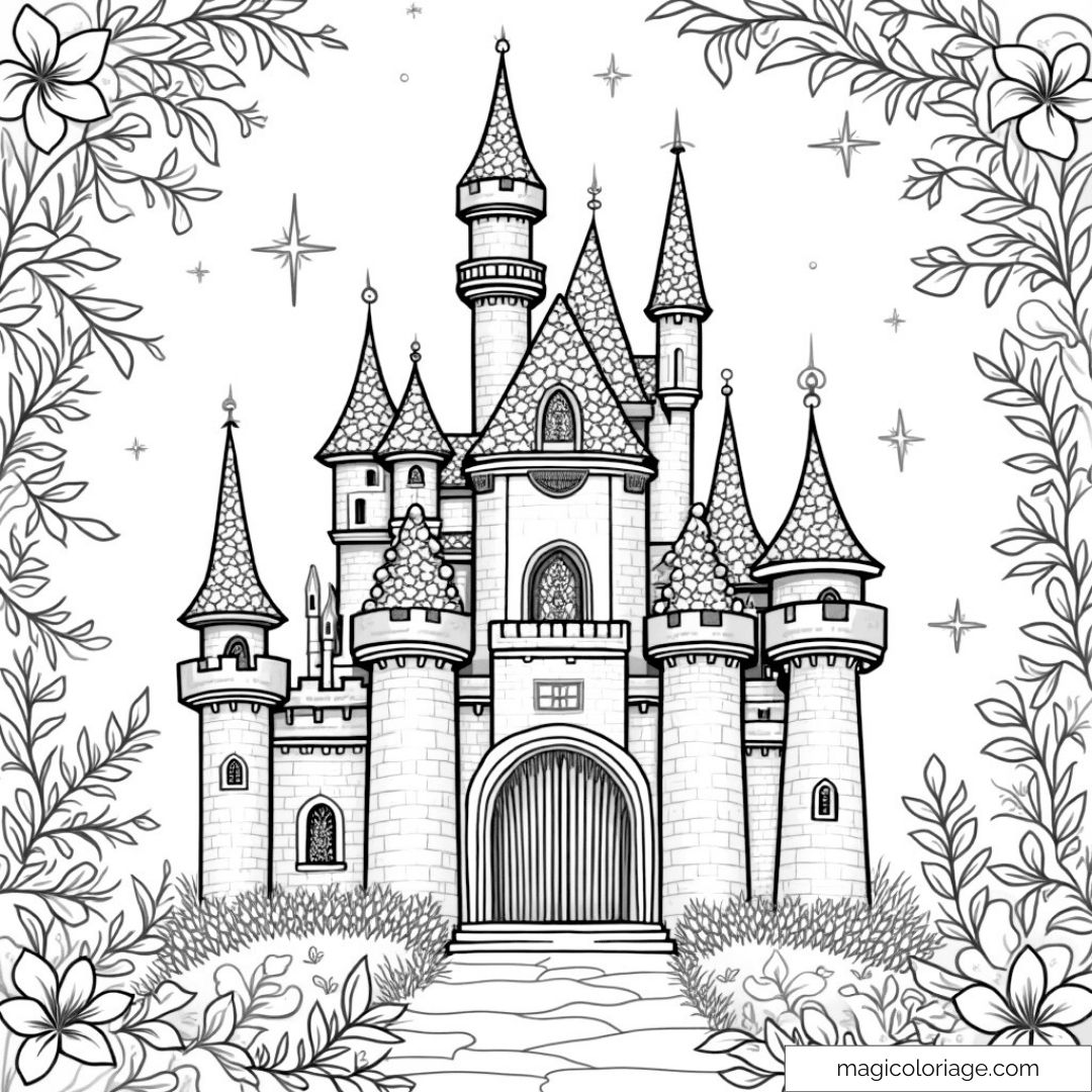 Dessin de château magique avec détails floraux pour coloriage