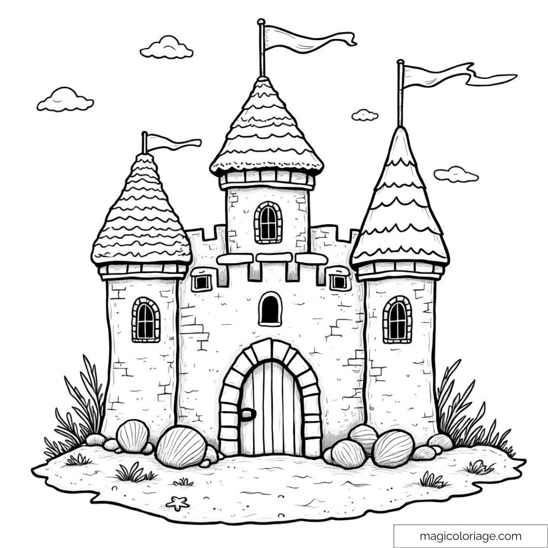 Château médiéval à trois tours avec drapeaux flottants à colorier