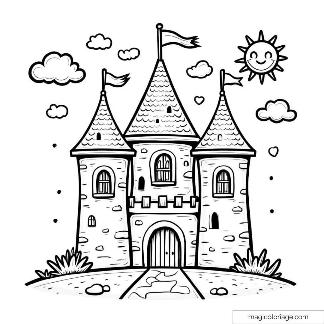 Dessin d'un château médiéval avec tours et soleil souriant