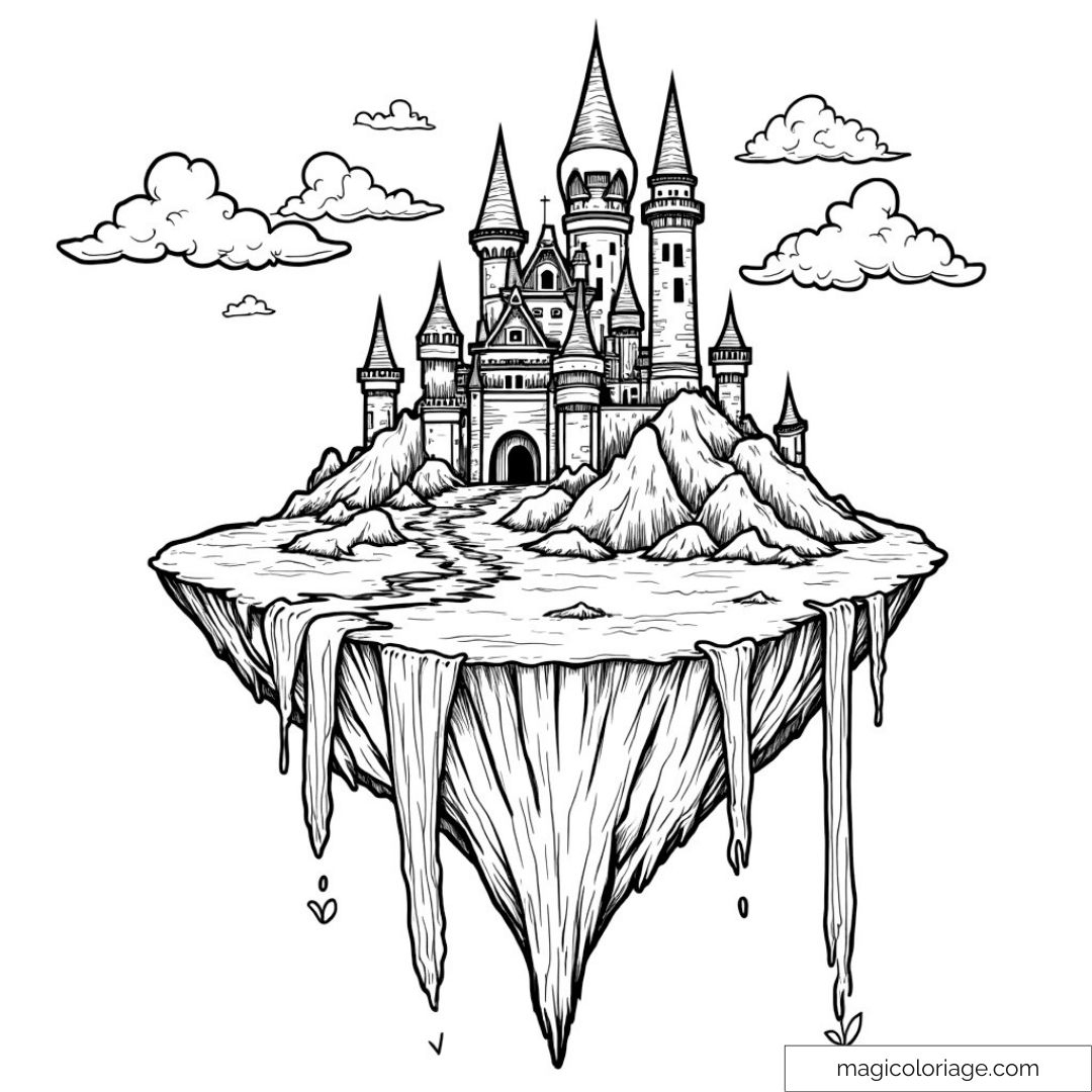 Dessin détaillé d'un château sur une île flottante dans le ciel.