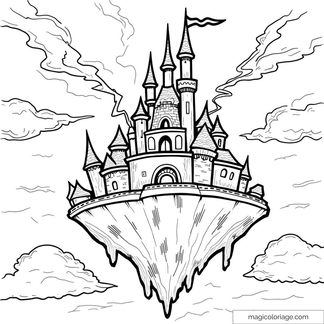 Dessin à colorier d'un château flottant majestueux entouré de nuages