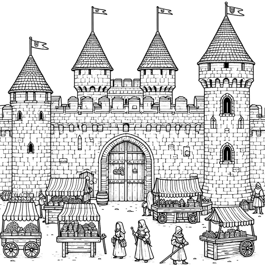 Coloriage château fort avec marché médiéval