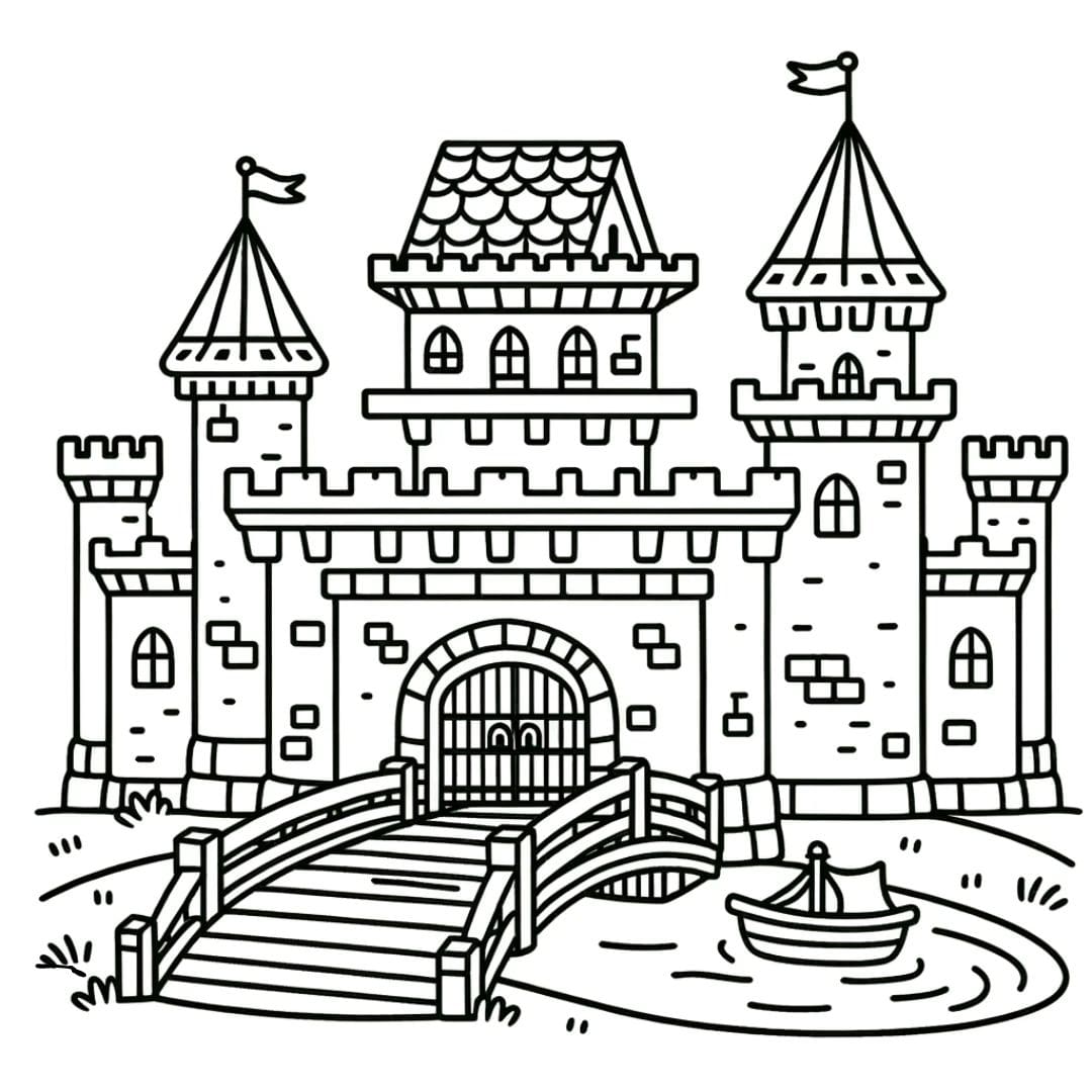 Coloriage château fort avec pont-levis et fossé