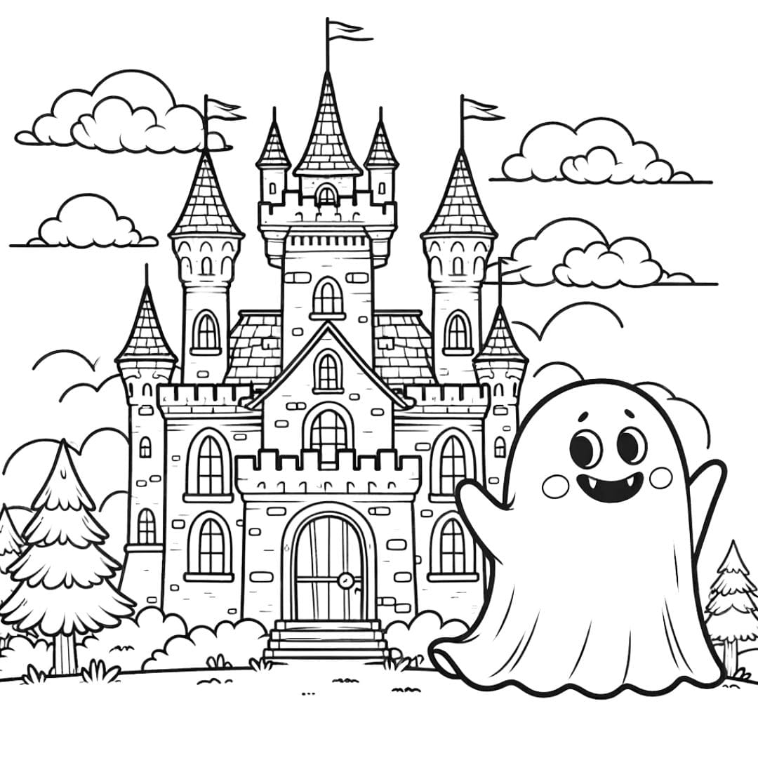 Coloriage château hanté avec fantôme rigolo