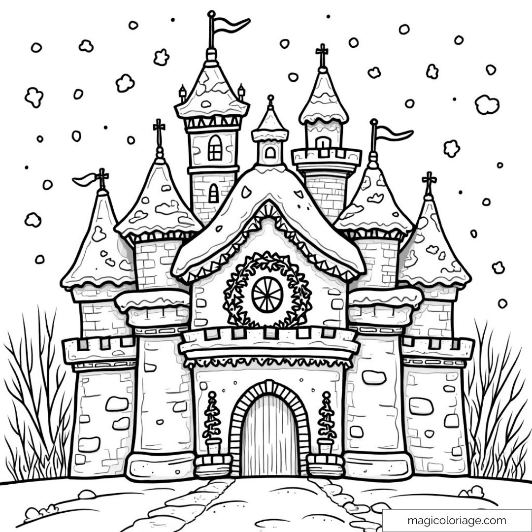 Château enneigé féérique avec décor hivernal