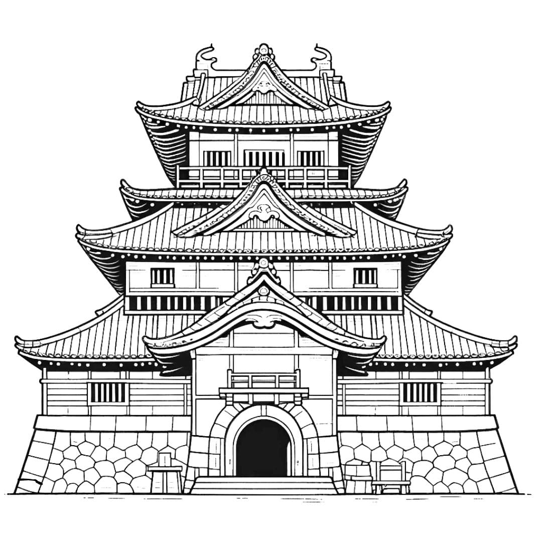 Coloriage château japonais avec toits incurvés