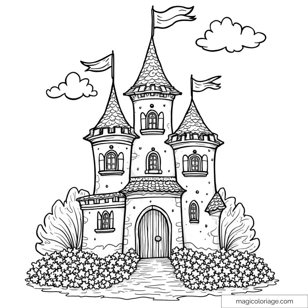 Dessin d'un château magique avec trois tours et nuages dans le ciel.