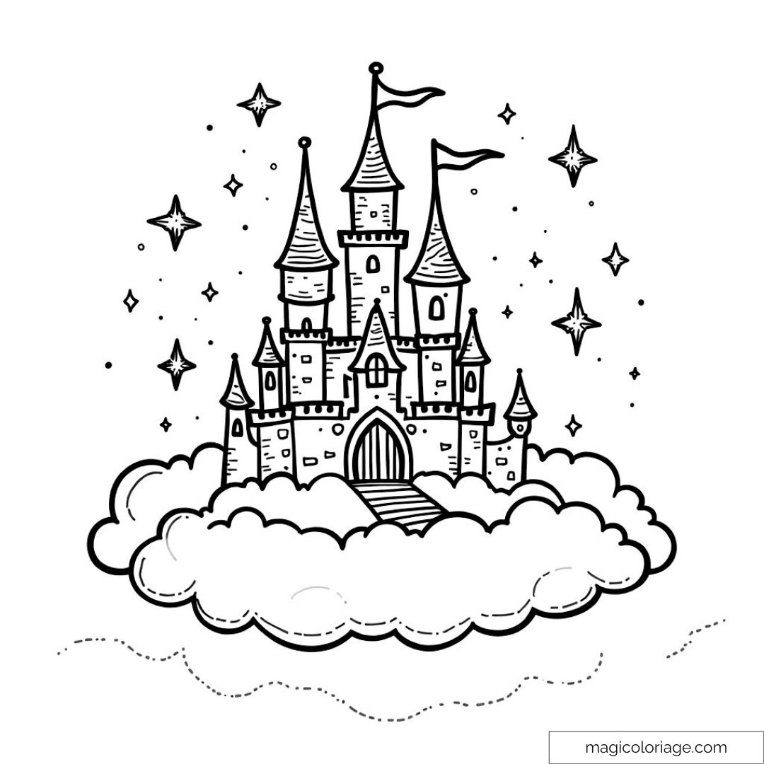 Dessin d'un château féérique sur des nuages avec étoiles scintillantes.