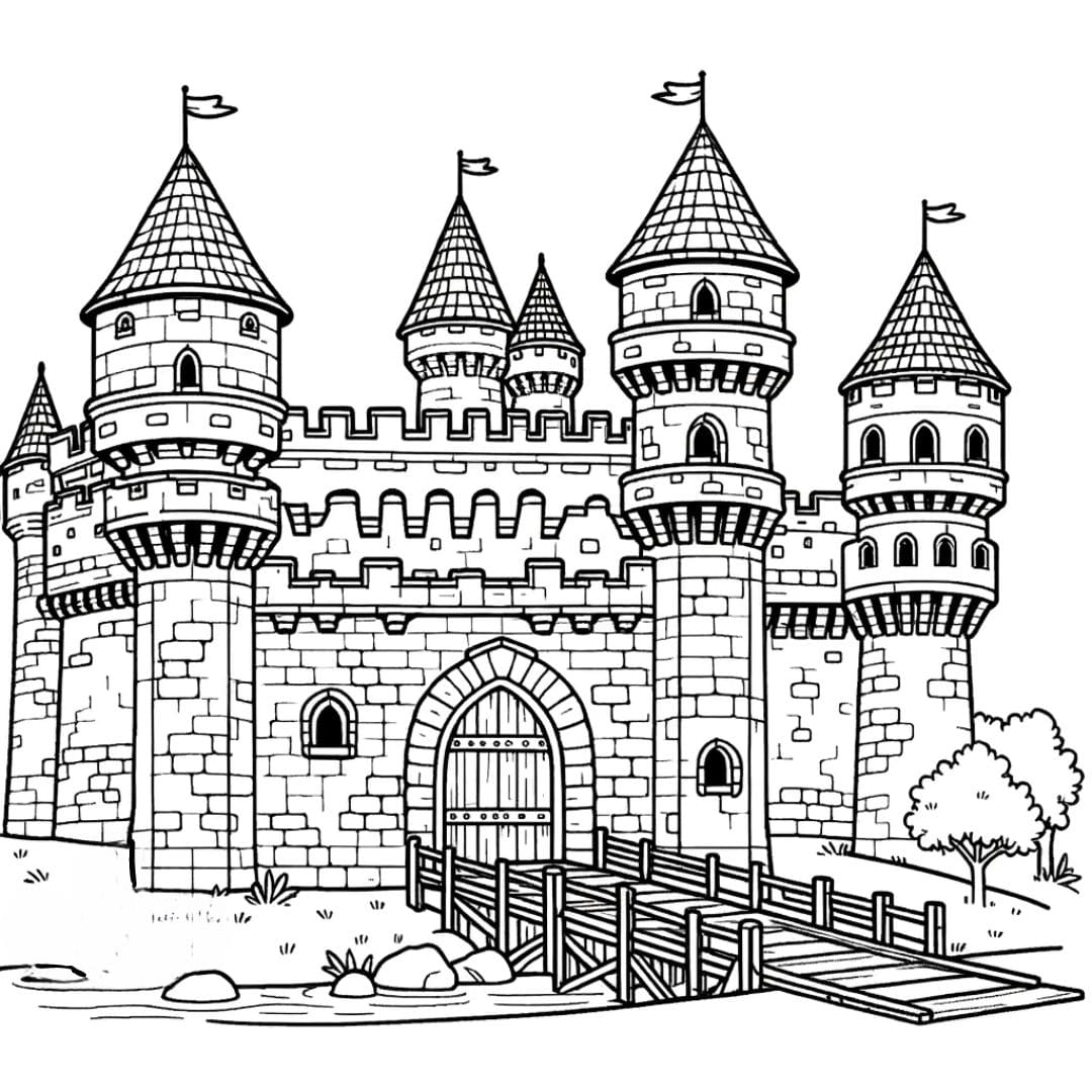 Coloriage château médiéval fortifié avec tours