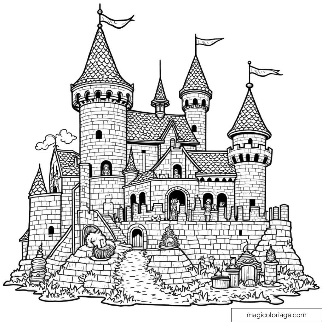 Coloriage du château médiéval avec tours et drapeaux