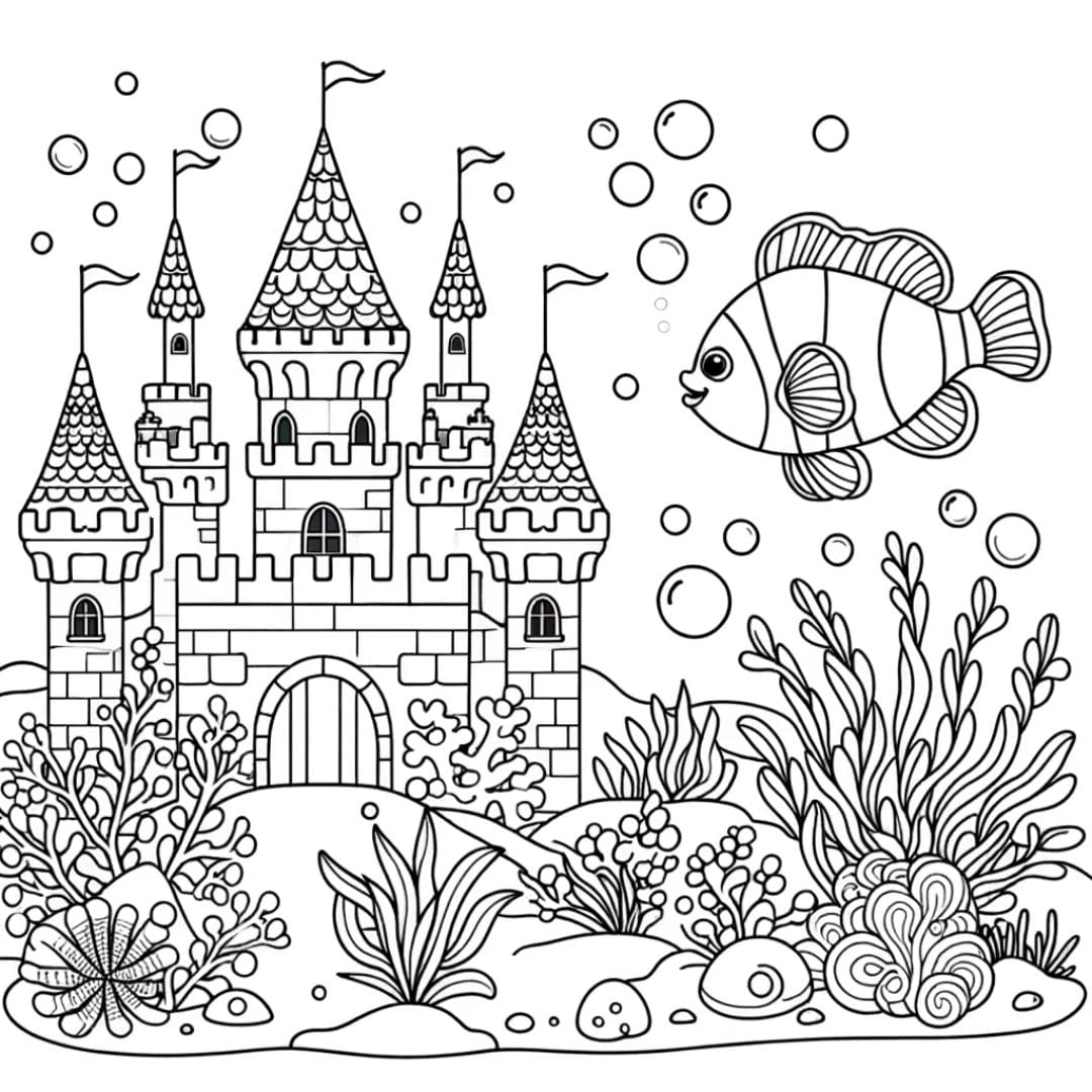 Coloriage château sous l'eau avec poisson clown amical
