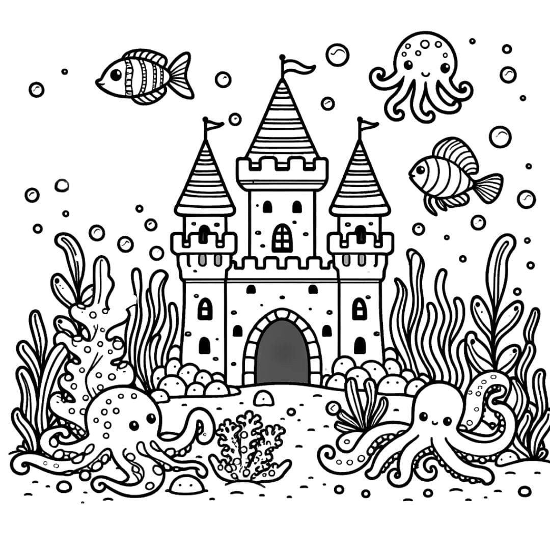 Coloriage château sous-marin avec créatures marines