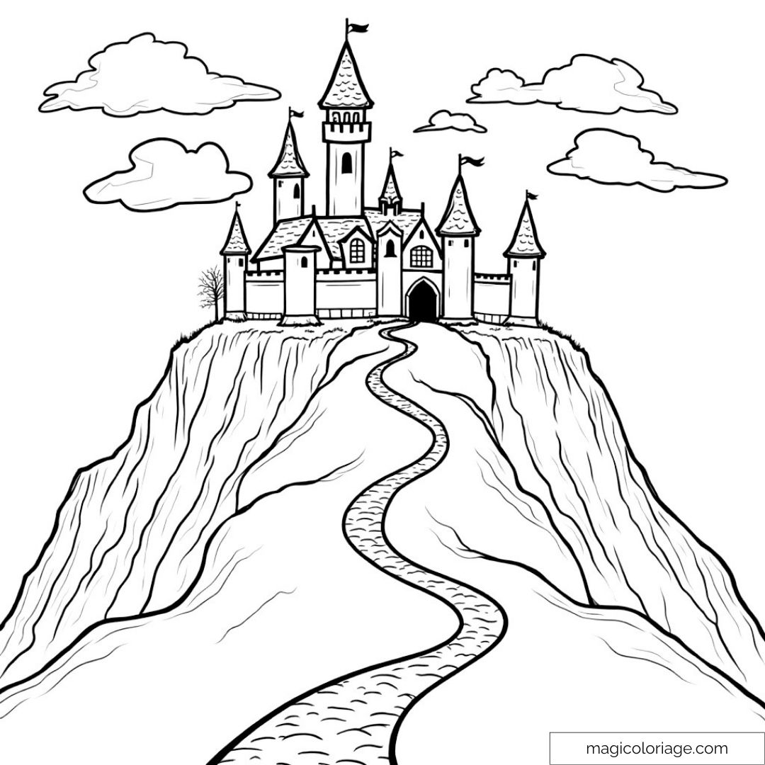 Dessin de château médiéval sur colline avec ciel nuageux.