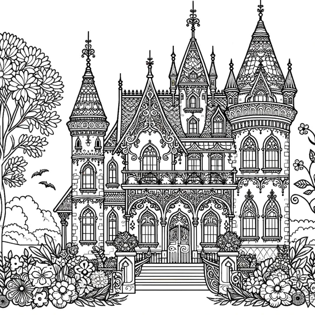 Coloriage château victorien avec tourelles