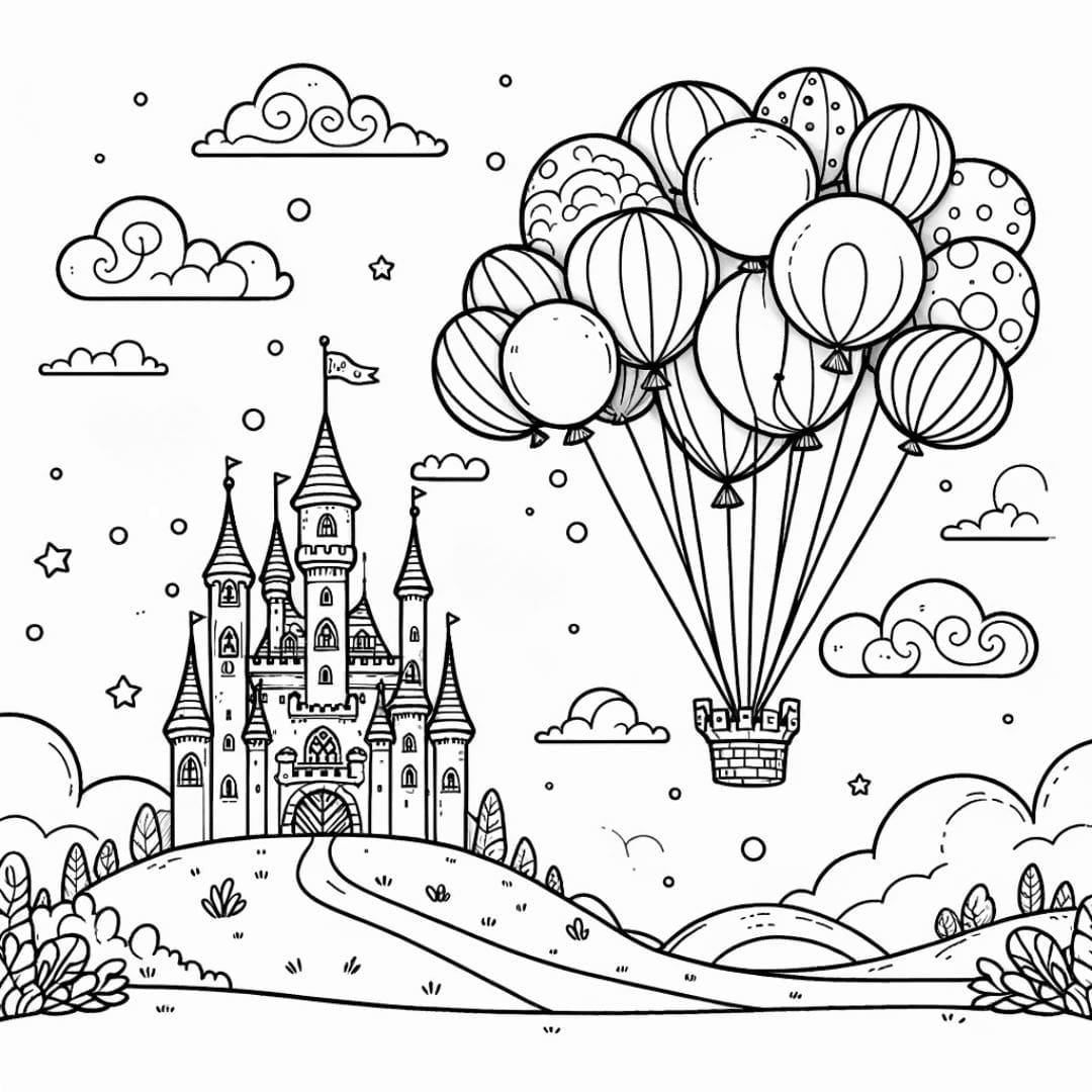Coloriage château volant dans le ciel avec ballons