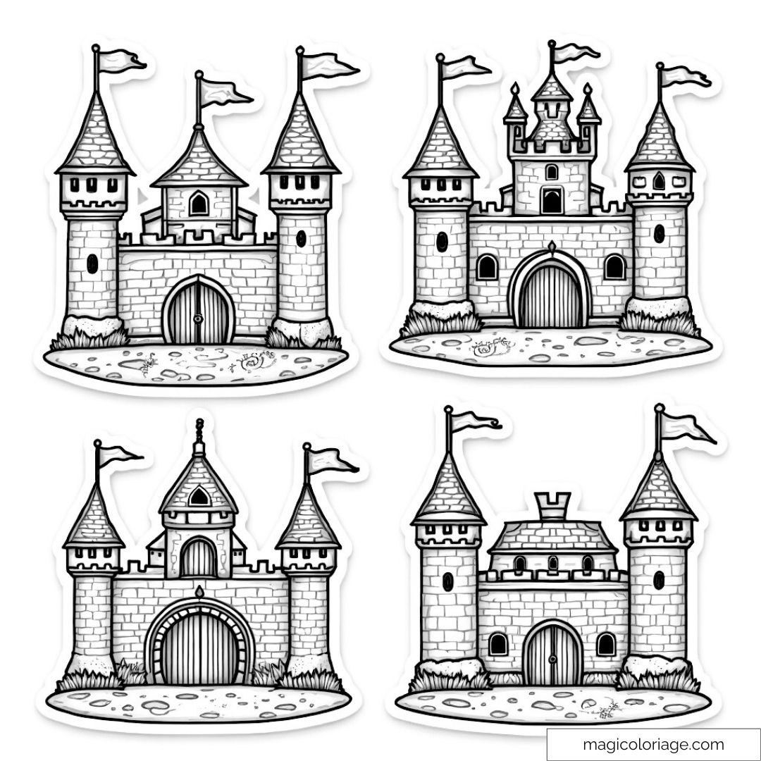 Châteaux à colorier avec tours et drapeaux