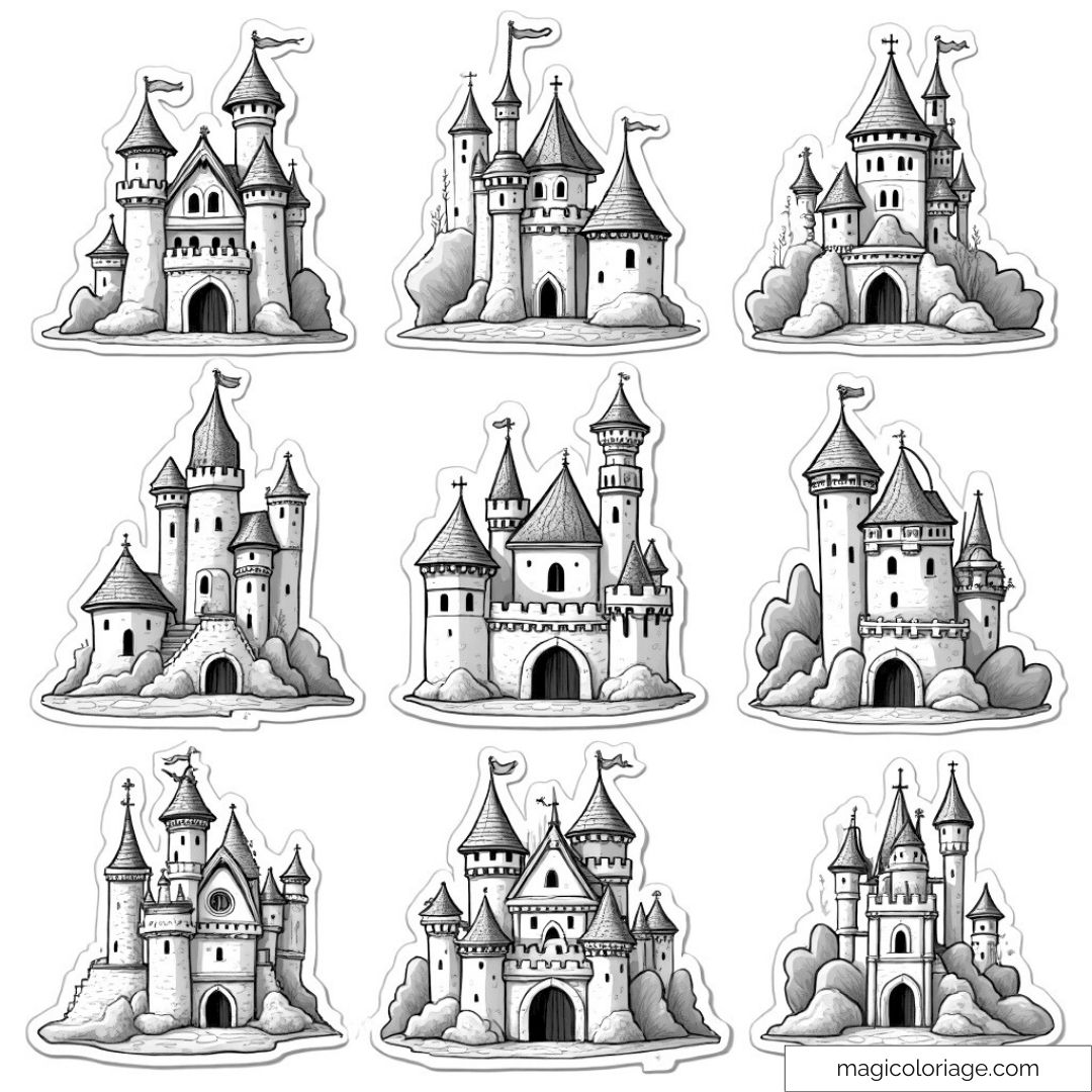 Dessin de plusieurs châteaux médiévaux détaillés