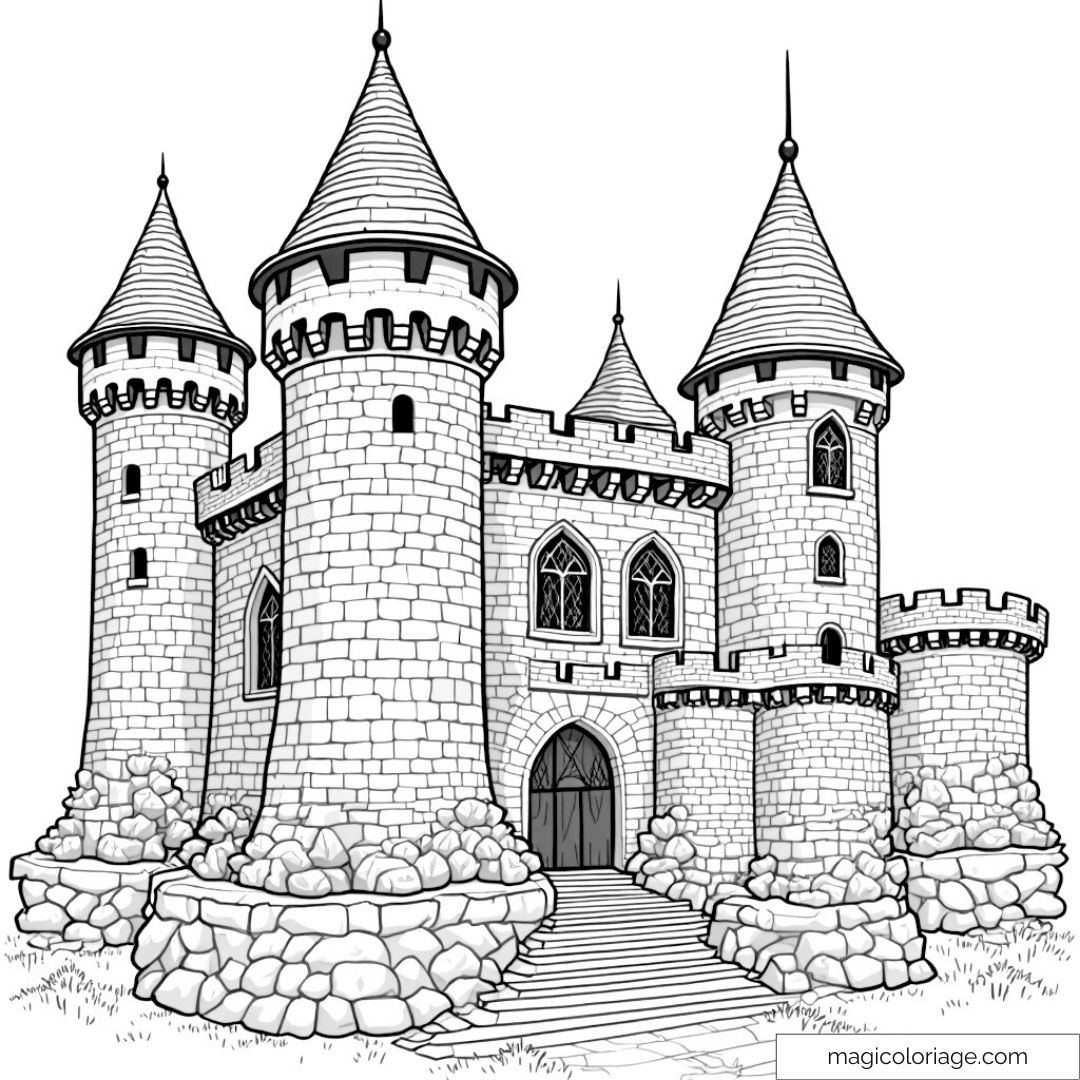 Dessin de château médiéval avec tours et détails architecturaux.