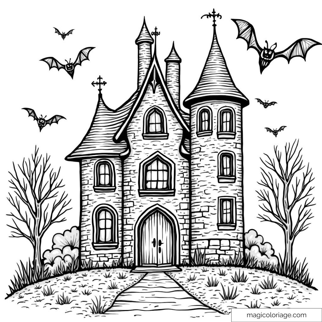 Maison hantée avec chauves-souris et arbres sombres à colorier.