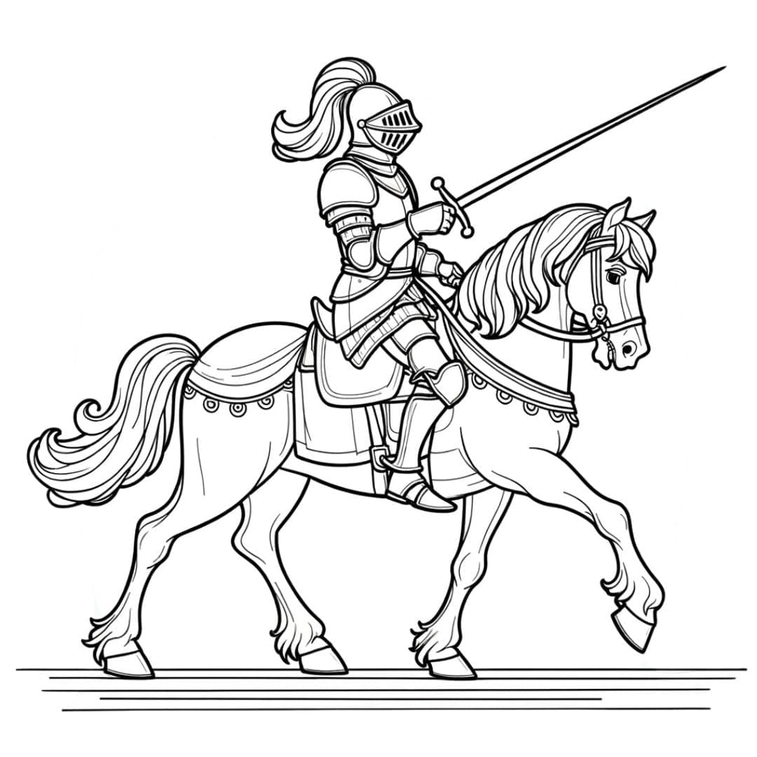 Dessin à colorier de chevalier sur son cheval pour enfants