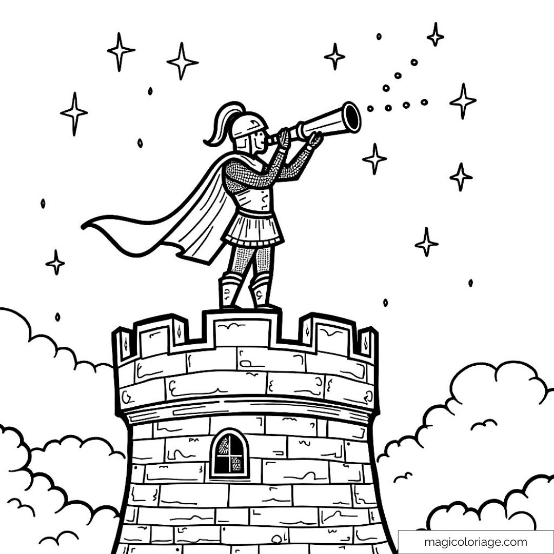 Chevalier sur une tour avec télescope regardant les étoiles.