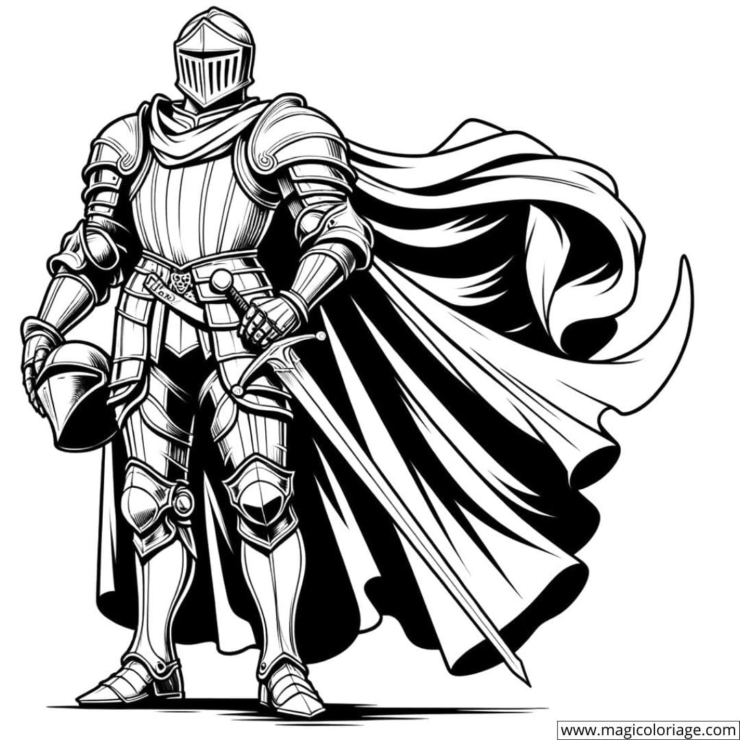 Dessin à colorier d'un chevalier avec une cape flottante et un casque sous le bras