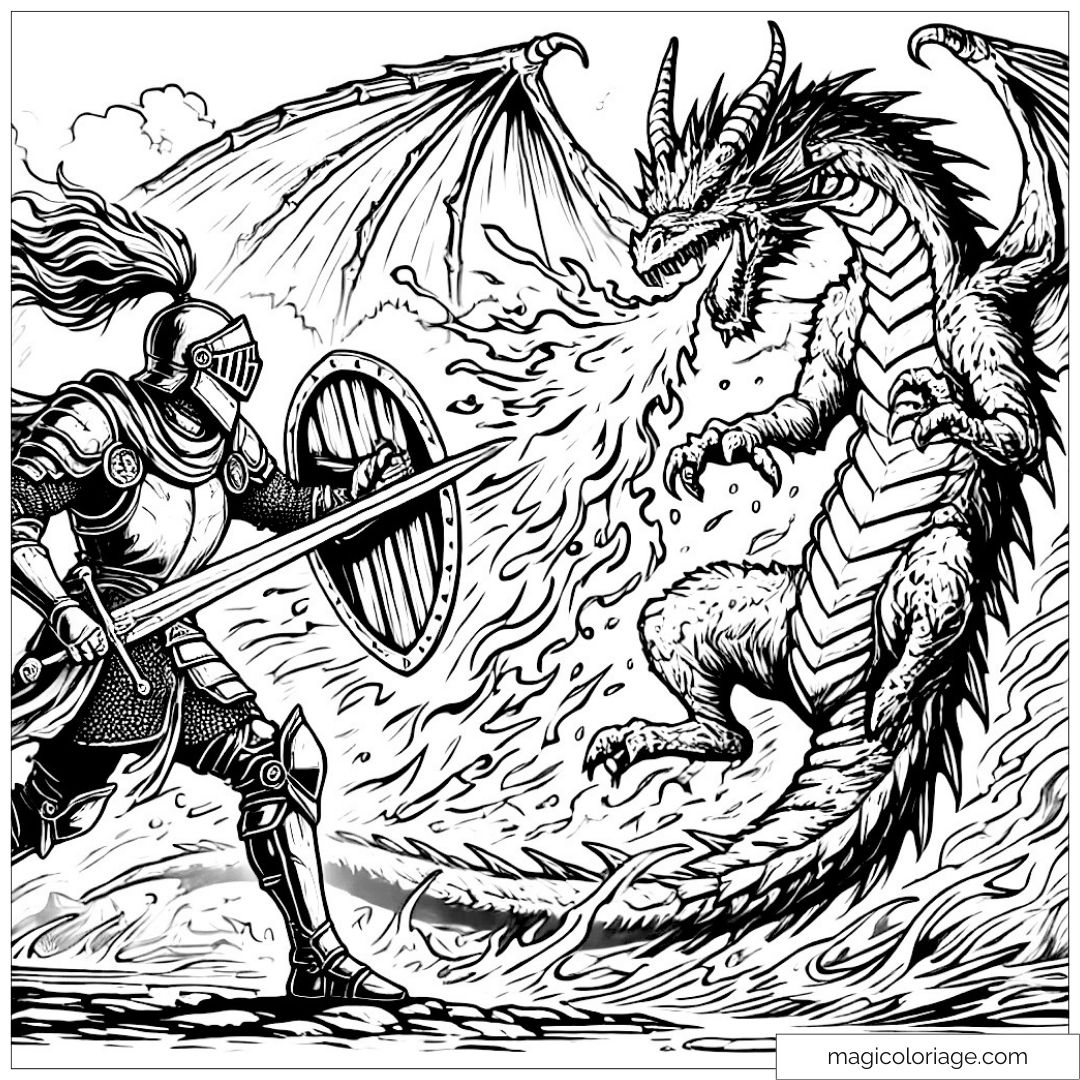 Chevalier avec bouclier défiant un dragon cracheur de flammes
