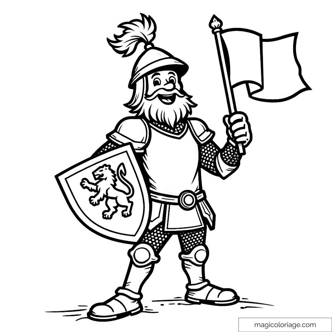 Dessin chevalier en armure avec bouclier et drapeau