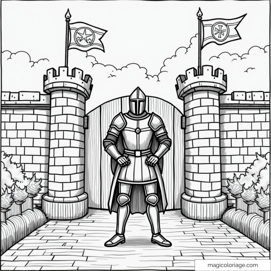 Coloriage chevalier en armure devant château médiéval
