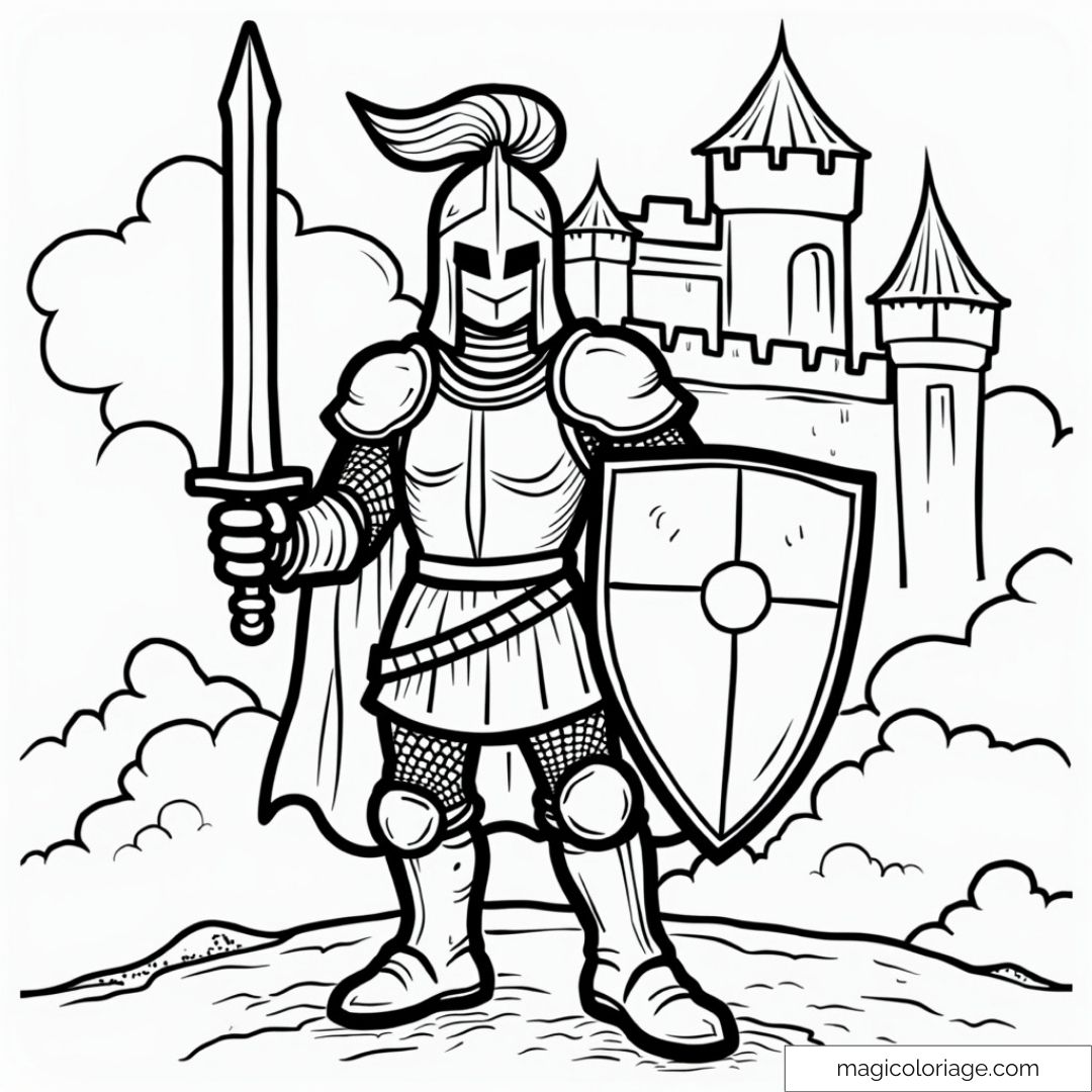 Chevalier en armure avec épée et bouclier devant un château