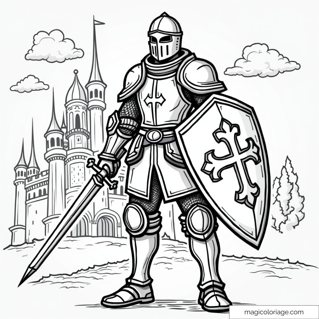 Chevalier médiéval avec épée et bouclier devant château