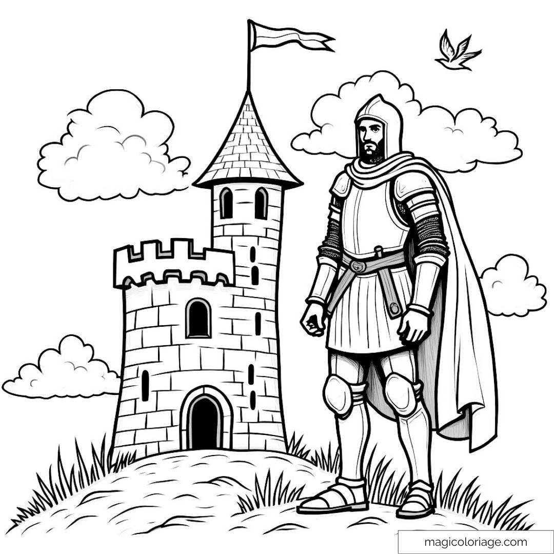 Chevalier en armure devant un château sur une colline