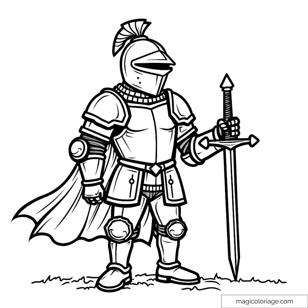Chevalier en armure tenant une épée pour coloriage.