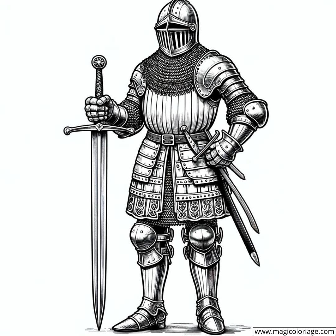 Un chevalier en armure traditionnelle tenant son épée à colorier