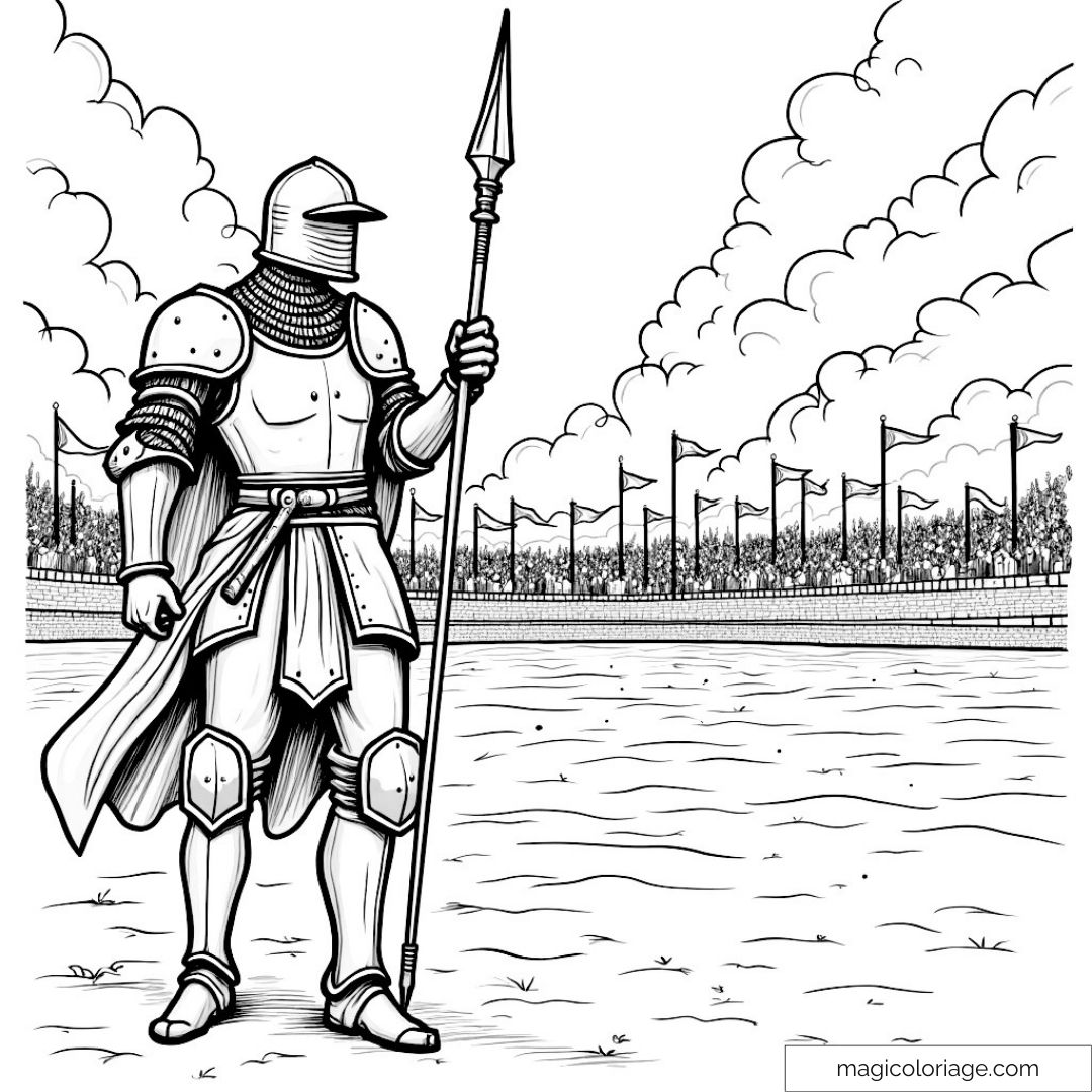 Chevalier en armure avec lance dans une arène médiévale